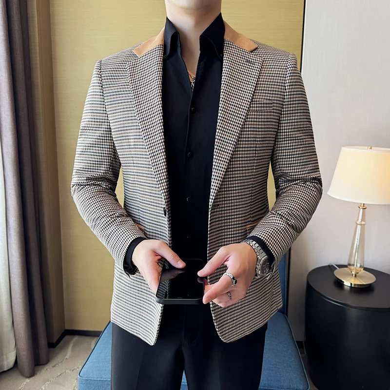 Men Suit Jacket Luxury Fashionable Business Slim Fit Lapel Plaid Dress Wedding Groom Tailcoat 4XL-M