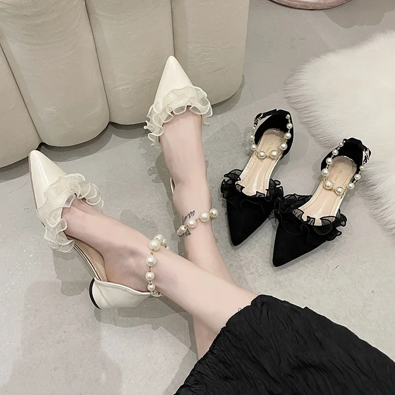 Pointed single shoe women's middle heel French toe cap women's sandals 4