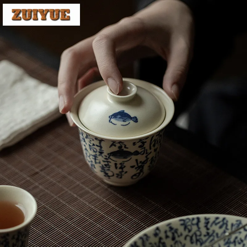 110ml Soda Glazed Poetry Prose Cover Bowl Zen Ceramic Gaiwan Retro Tea Tureen Household Tea Maker Chinese Drinkware Craft Gifts