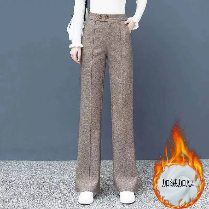 Big Size Thick Wool Blend Straight Pants Korean Style Woolen Wide Leg Pants Womens Winter Casual New High Waist Loose Trousers