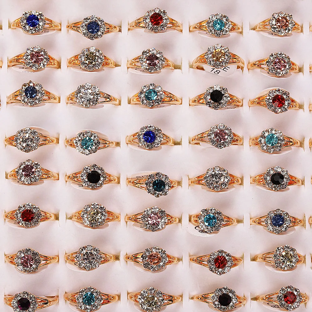 

QianBei Wholesale 50pcs/Set Rhinestone Crystal Flower Golden Alloy Rings Fashion Jewelry Wedding Party Gifts For Women Free Ship