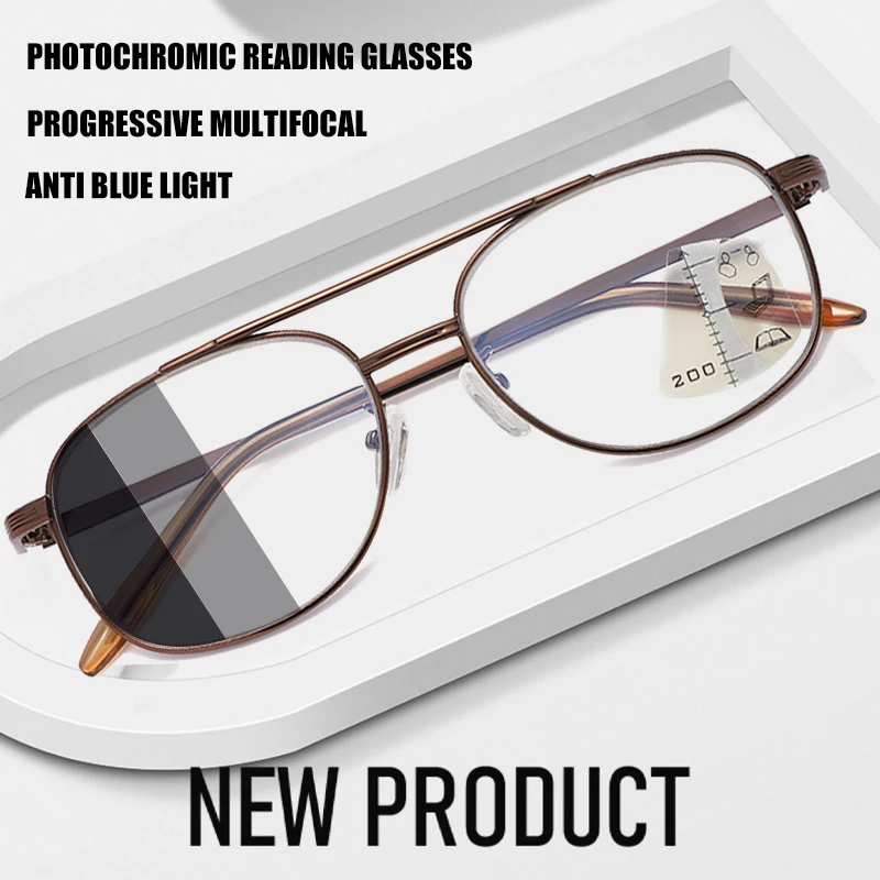 

Мужские фотохромные очки для чтения, прогрессивные многофокальные, с защитой от синего света, в металлической оправе, для дальнозоркости