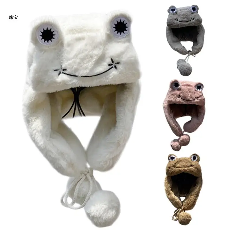 

X5QE Women for Frog Eye Fuzzy Plush Trapper Hat Strap Warm Beanie Earflap