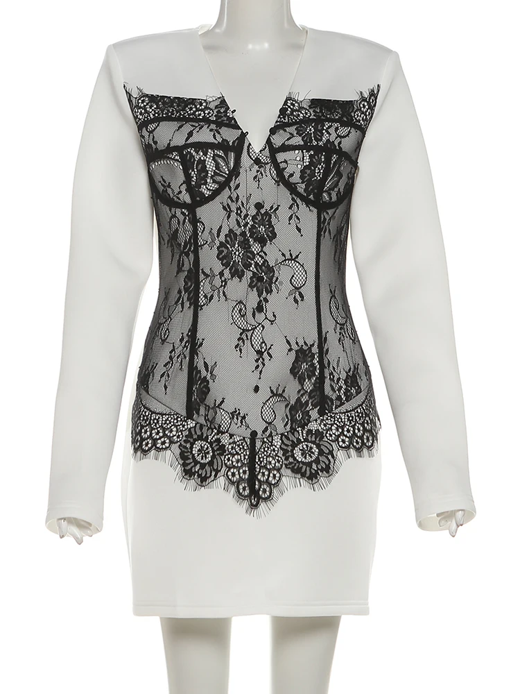 Nibber Fashion Mini Dress Woman Lace Contrast Patchwork Autumn New Style Low-Neck Full Sleeve Street Elegant Wrap Hip Bodycon