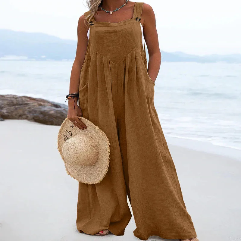 2023 Spring and Summer New Temperament Versatile Women's Folk Fashion Trend Button Solid Color Wide Leg Sleeveless Jumpsuit