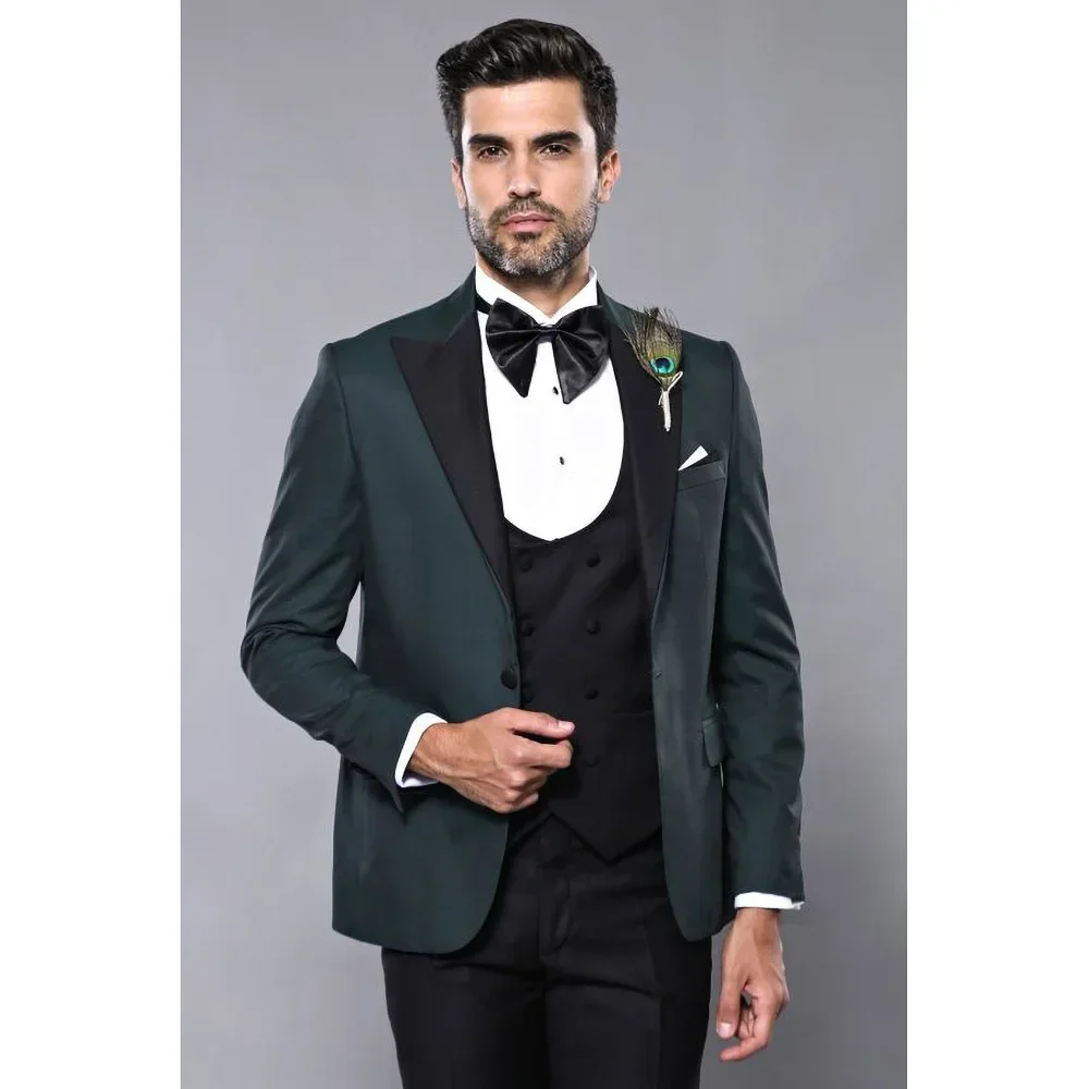 Smart Casual Solid Men Suits Slim Fit Formal Wedding Groom Tuxedo 3 Piece Fashion Peak Lapel One Button Male Suit Costume Homme