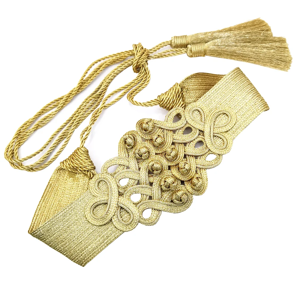 

Handmade Gold Cord Wide Waistband Applique Baroque Tassel Belt For Women Frog Button Decorative Waist Band AC1597