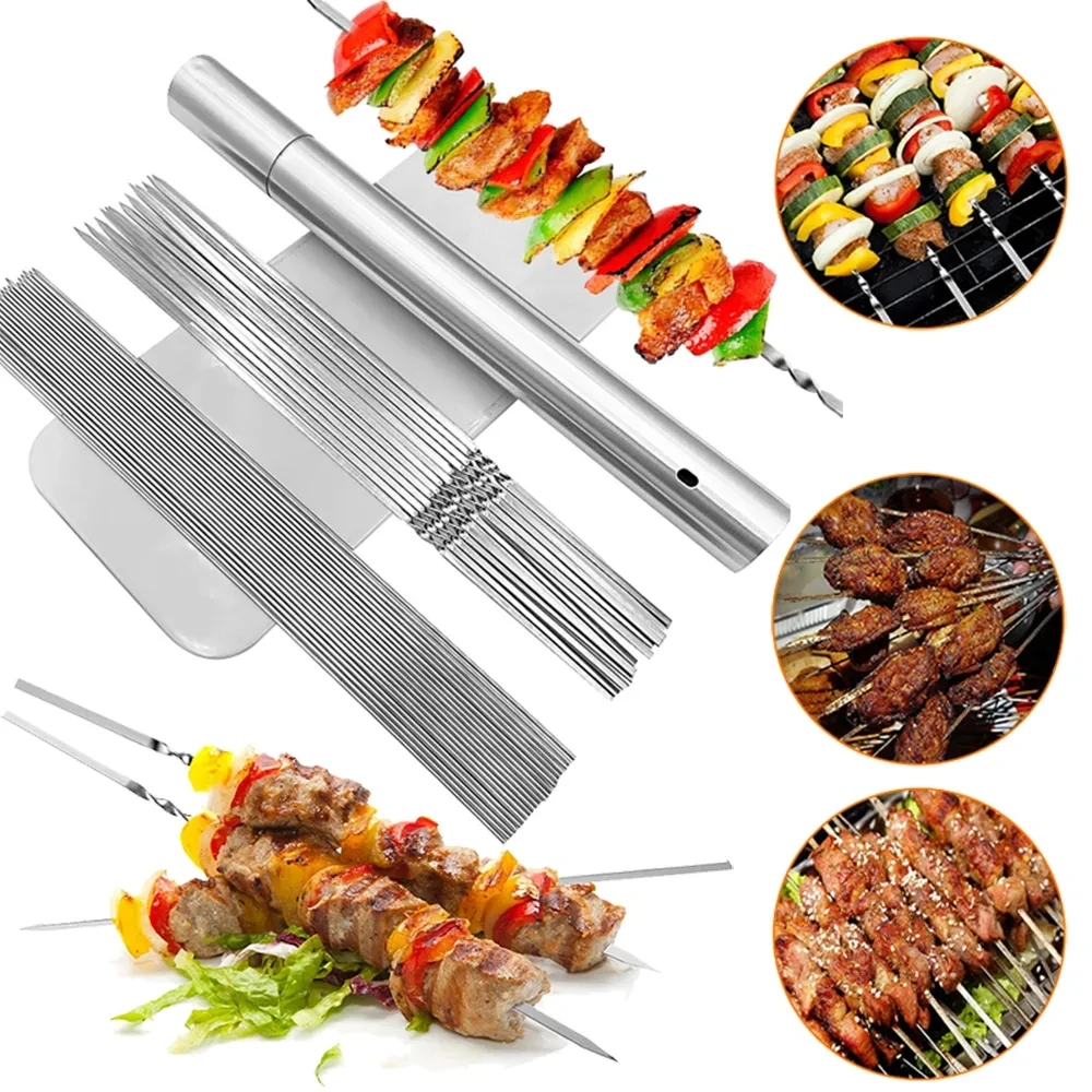 Skewers for Barbecue Reusable Grill Stainless Steel Skewers Shish Kebab BBQ Camping Flat Forks Barbecue Skewers Barbecue Tools