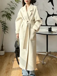Autumn Winter High End Double Sided Wool Cony Hair Bathrobe Overcoat White Long Length Loose Lace Up Soft Woolen Coat Women Maxi