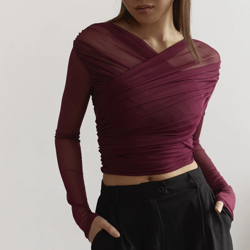 Camiseta de malla con cuello en V y retazos para mujer, top liso de manga larga, estilo Y2k, top sexy para mujer para otoño