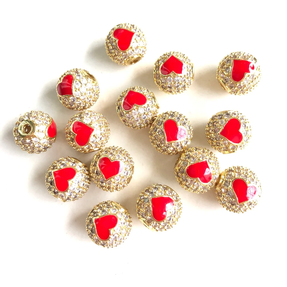 10pcs/Lot 10mm Enamel Red Heart Zirconia Paved Ball Spacers Beads for Women Bracelet Necklace Waist Jewelry Making Accessories