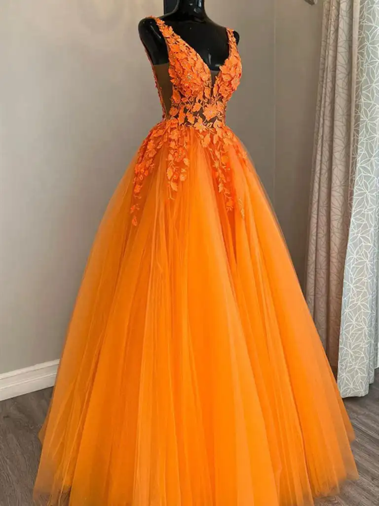 Orange Wedding Evening Dress | Long Orange Evening Dresses - Prom Dress  Lace Applique - Aliexpress