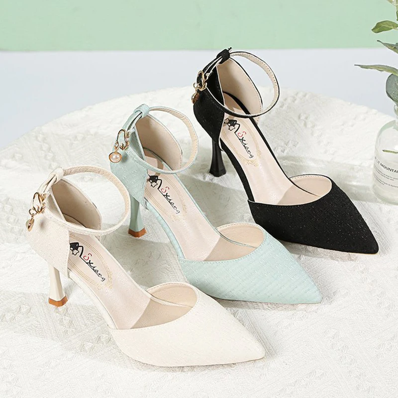 

Sexy Pearl Elegant Zapato Mujer - Women's Ankle Strap Stiletto Heels Pumps with Super High Heels for Parties and Pointed Toe