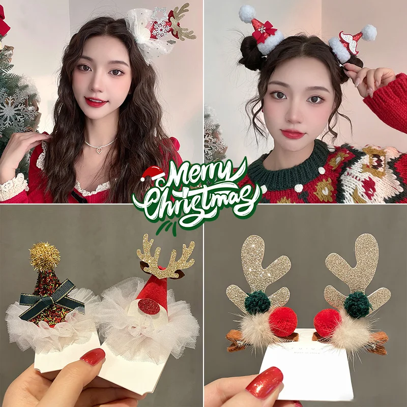 Hair Clips Hair Accessories Christmas Hair Clip Children's Deer Red Bow Hairpin New Year Hair Clip Christmas Hat Accessory Gift Photo Props