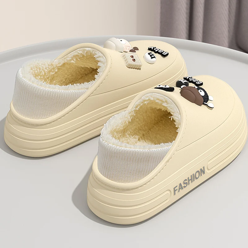 Lovely Waterproof Eva Cotton Slippers Women Non Slip Platform Fluffy Slippers Woman Comfortable Slip On Warm Plush Slides Shoes