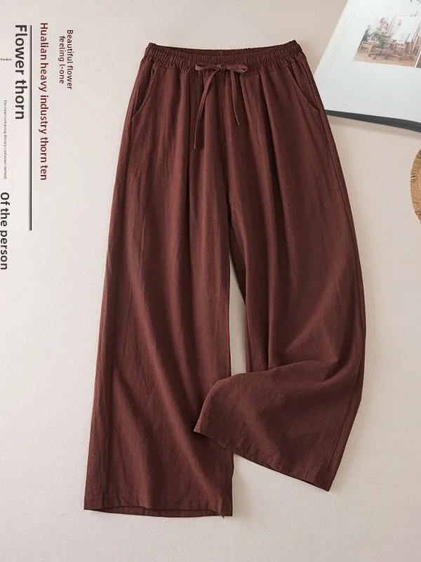 Retro Loose Fit Cotton Linen Wide Leg Pants Women's Summer New Sle Slimming Long Casual Versatile High Waist Trousers - Image 5