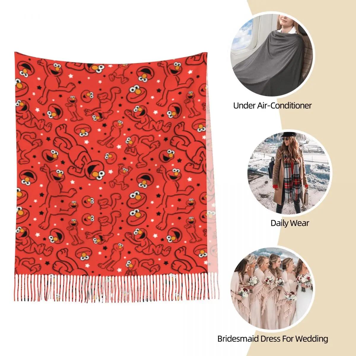 Cookie Monster Womens Tassel Scarf Red Dancing Elmo Pattern Long Super Soft Shawl Wrap Gifts Cashmere Scarf 4