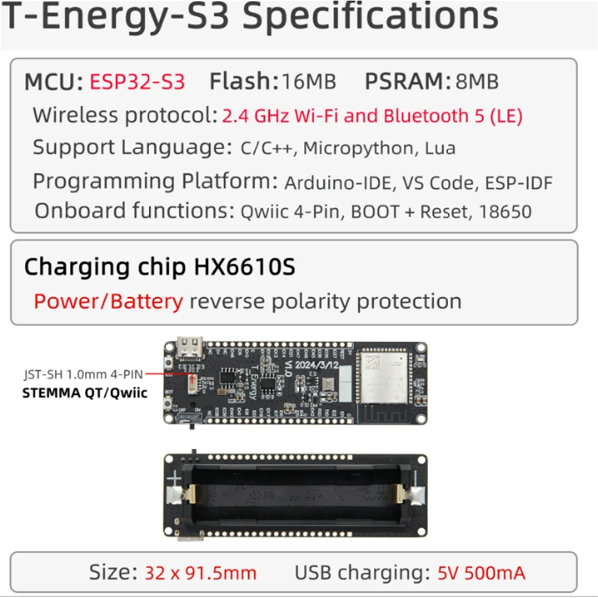 BNGF-T-Energy-S3 ESP32-S3 Development Board 16MB Flash WIFI Bluetooth Wireless Module with Charging Chip 18650 Battery Holder