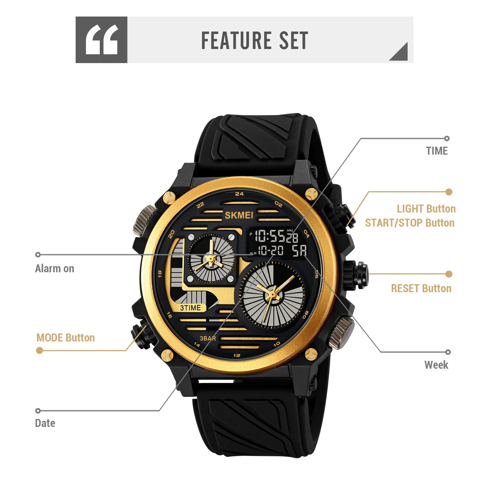 SKMEI 2202  Sport Watch Mens LED Light Stopwatch Waterproof Wristwatches Alarm Creative Cool 4 Time Display Countdown Digital 5