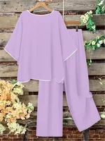 Plus Size Women Casual Fashion Set Loose Comfortable Open Split Half Sleeve Top Wide Pants Long Pant Two Piece Outfit Pajama Set - Image 6