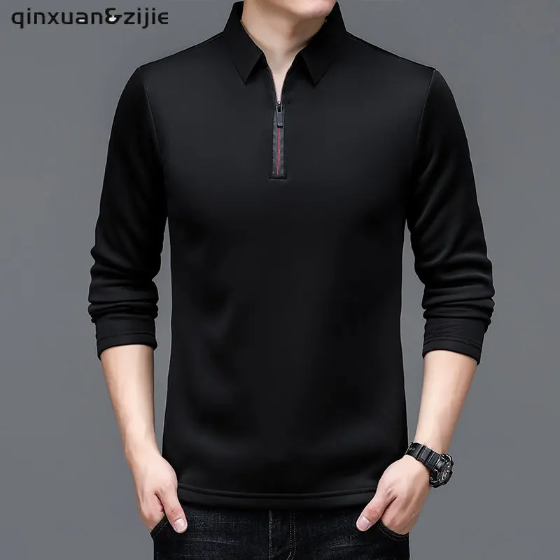 

Однотонные мужские футболки с длинным рукавом, Повседневная футболка с отложным воротником и молнией, Мужская весенне-осенняя Высококачественная блуза для мужчин