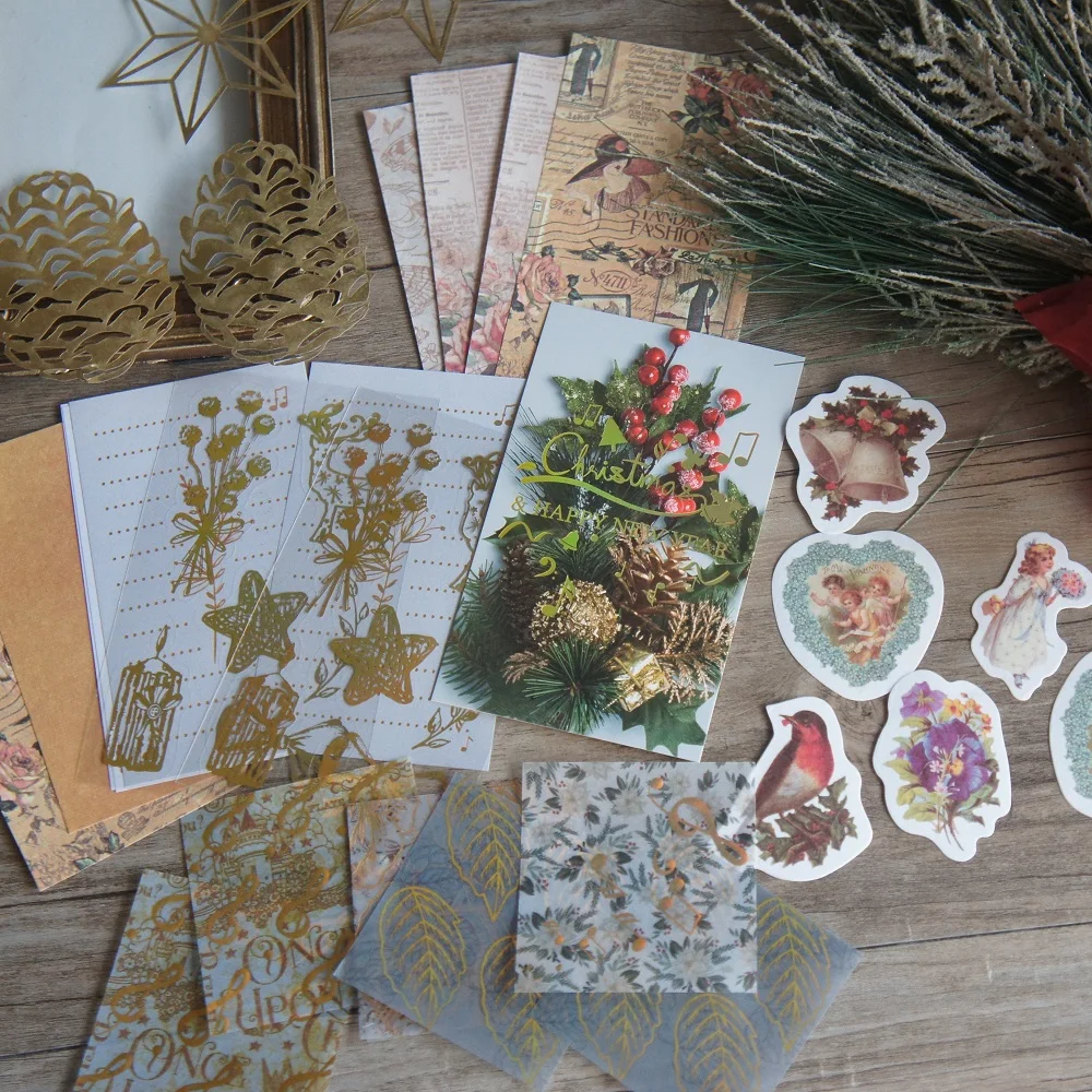 40Pcs Gold Christmas Fruit Flowers Wish Style Frame Paper Sticker Set Come Sfondo Di Carta Artigianale Creativa Scrapbooking Uso Fai Da Te