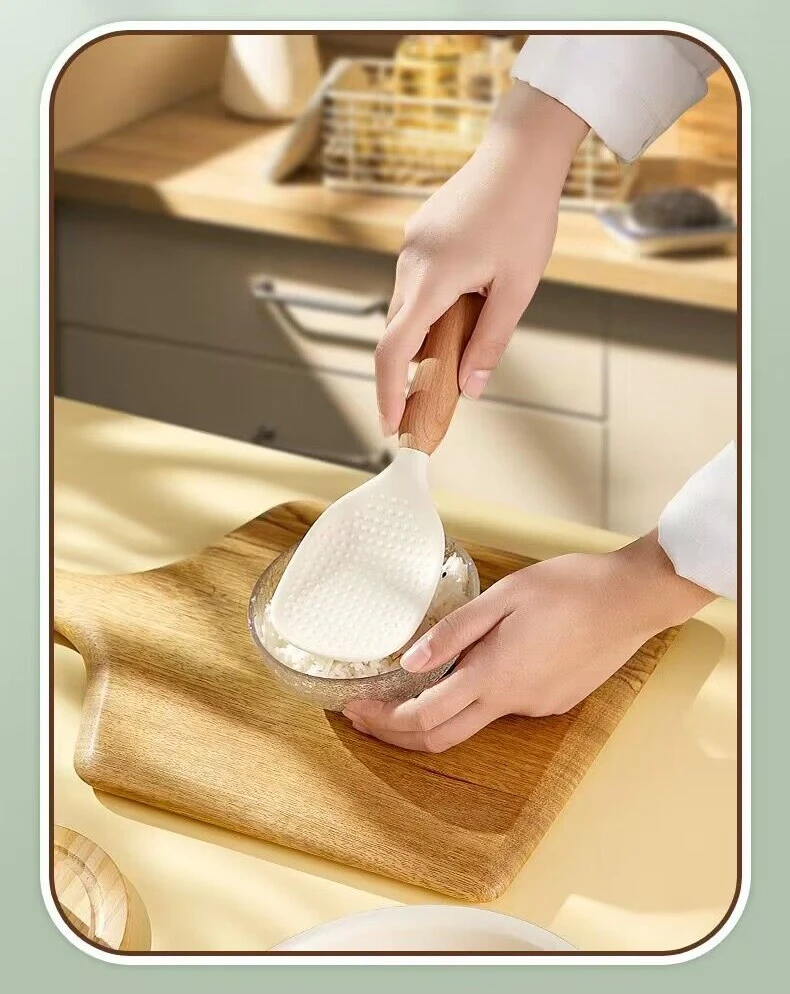 1Pcs Rice Spoon Wooden Handle Heat-resistant Silicone Non-stick Pan Cooking Tools Long Handle silicone cooking spoon,wooden cooking spoon,silicone kitchen utensils