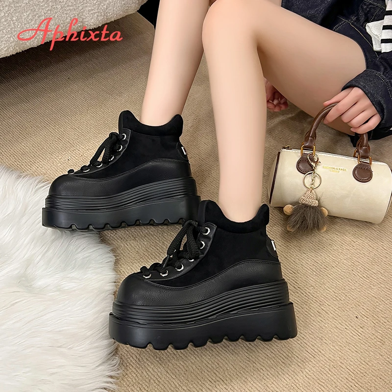 Aphixta New Winter Wedges Heel Woman Ankle Boots Platform Faux Suede Chunky Heel Woman Shoes Warm Short Plush Lady Footwear