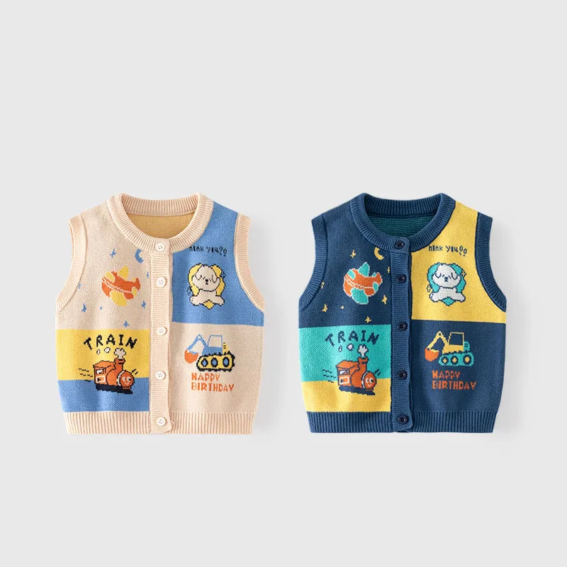 Spring Autumn Ins Little Boy Waistwear Checkered Pattern Patchwork Baby Boys Knitwear Jacquard Woven Cotton Toddler Boys Vest