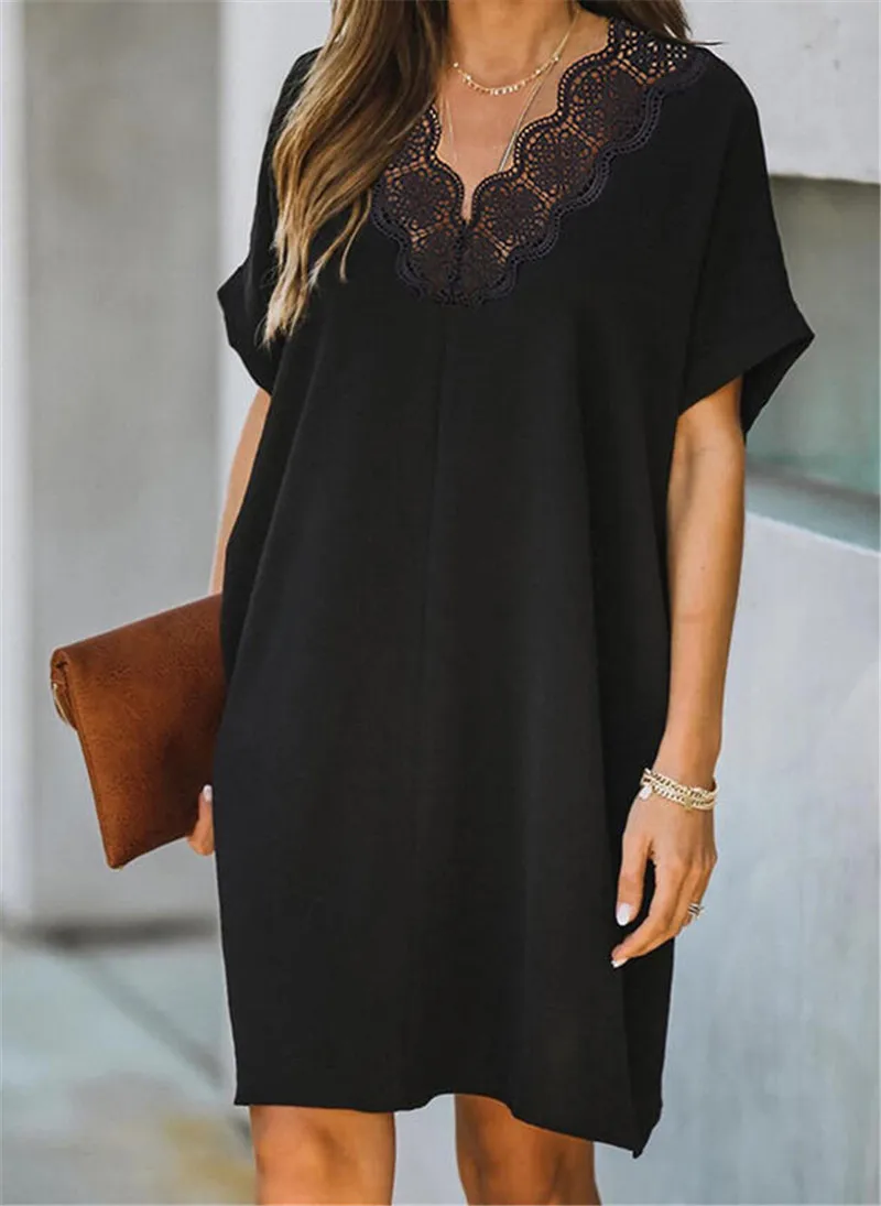 

2022 Fall Oversize Hollow Out Lace Women's Dress Short Casual V-neck Loose Black Dresses Female Elegant Fashion Clothing Lady