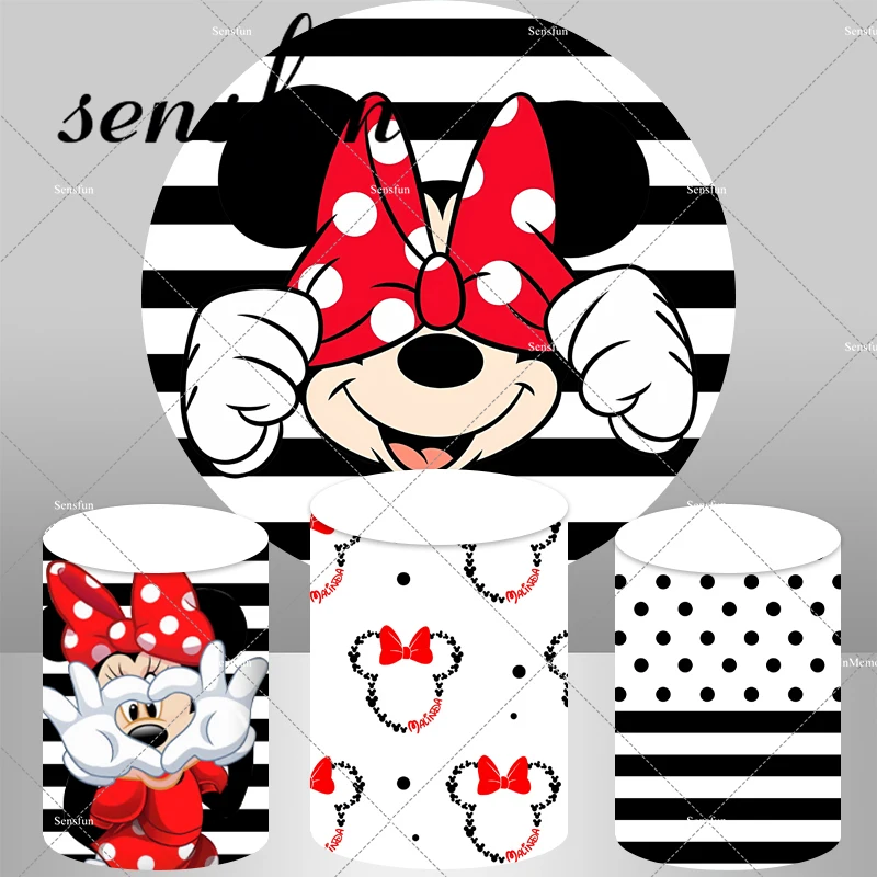 

Mickey Minnie Mouse Round Backdrop Cover White Black Baby Shower Gender Reveal Birthday Party Circle Background Plinth Covers