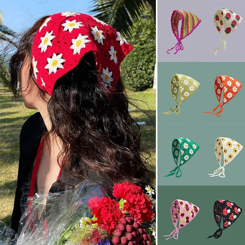 

Korean Small Mushroom Strawberry Handmade Crochet Hollow Triangle Headband Towel Sweet Cute Strap Hair Bag Headscarf Hat