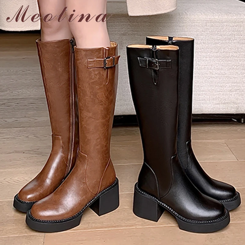 

Meotina Women Genuine Leather Knee High Boots Round Toe Platform Thick High Heel Zipper Buckle LadyLong Boot Autumn Winter Shoes