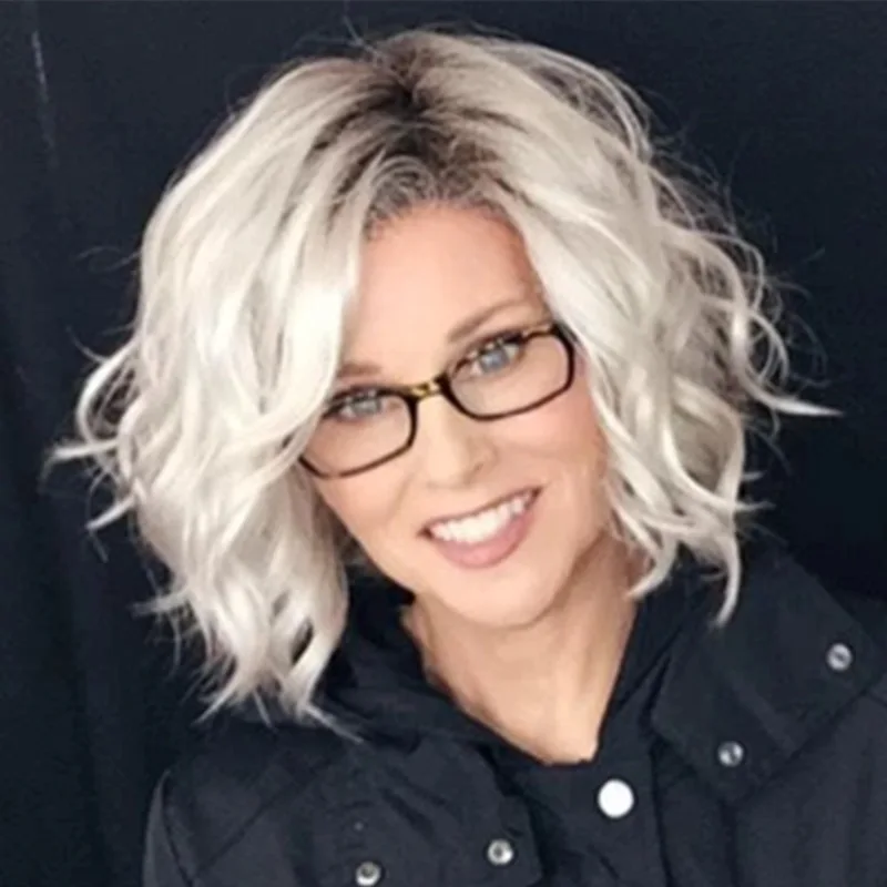 

Black Root Short Synthetic Curly Wigs Womens Fashion Silver Grey Ombre Curly Hair Loose Wave Mommy Heat Resistant Fiber Wigs