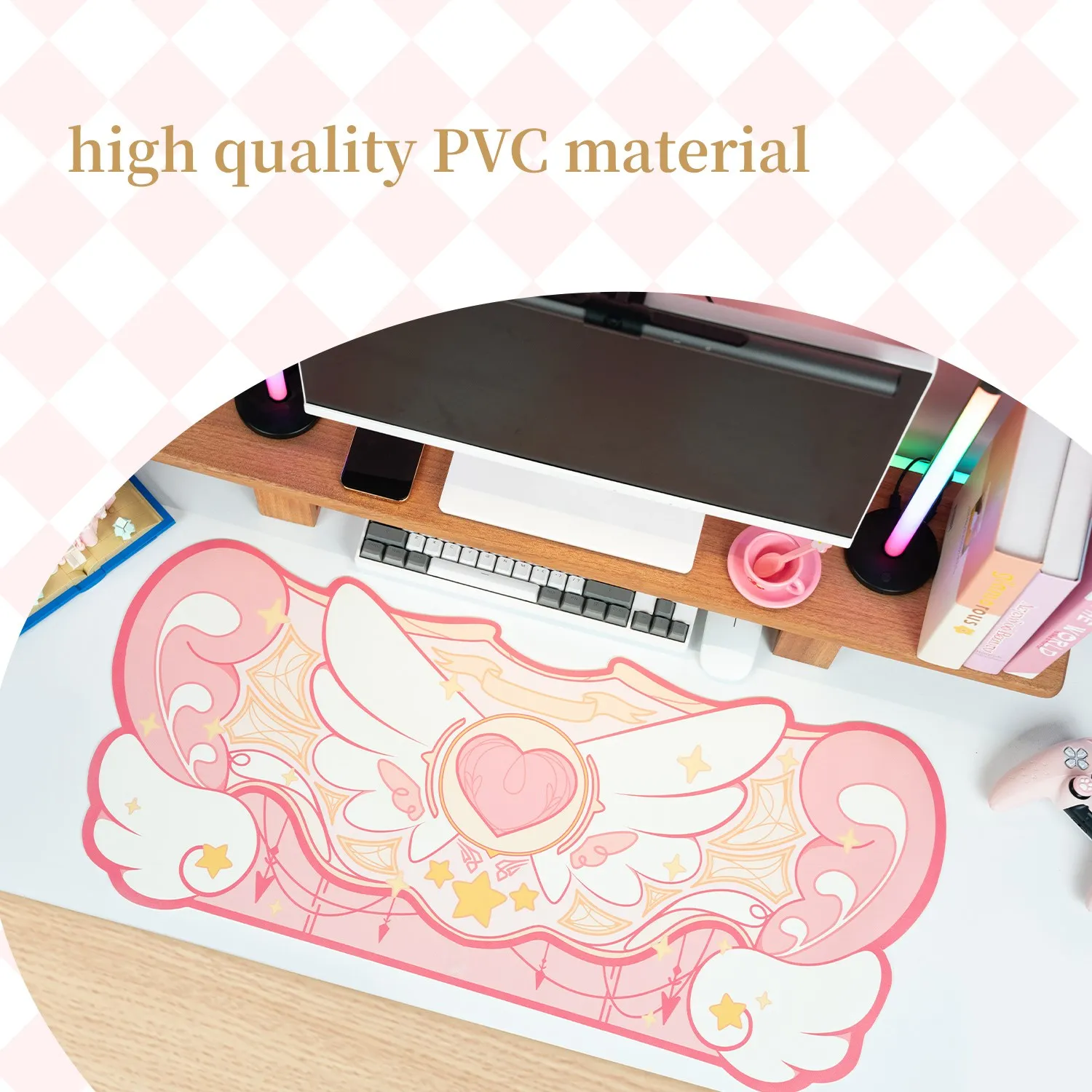 Geekshre-anti-slip Waterproof Gaming Mouse Pad Kawaii Pink Star Wings Desk Mat Mesa de Escritório Tamanho Grande 84x37cm - Imagem 2