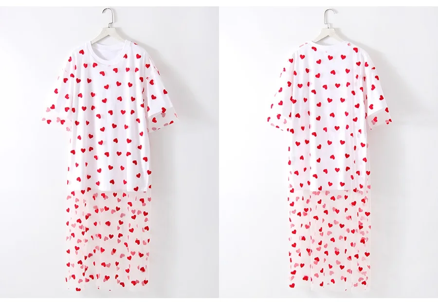 Long Mesh T Shirt Dress For Women Short Sleeve Heart Tulle Fake Two Piece Dresses WOmen's White Loose Maxi Dress With Heart Red