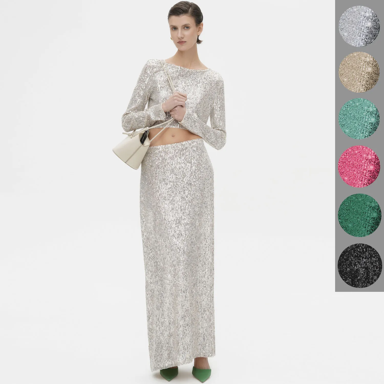 

2023 Autumn Women's Sexy Long Sleeve High Waist Long Half Skirt Sets Sequin Two Piece Set Ladies Elegant Glitter Party Skirts