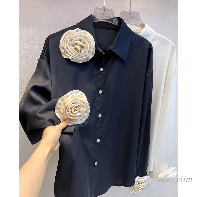 

Handmade Big Three-Dimensional Flowers Stitching Long-Sleeved Shirt Lady Spring and Autumn New Casual Temperament Buttons Blouse