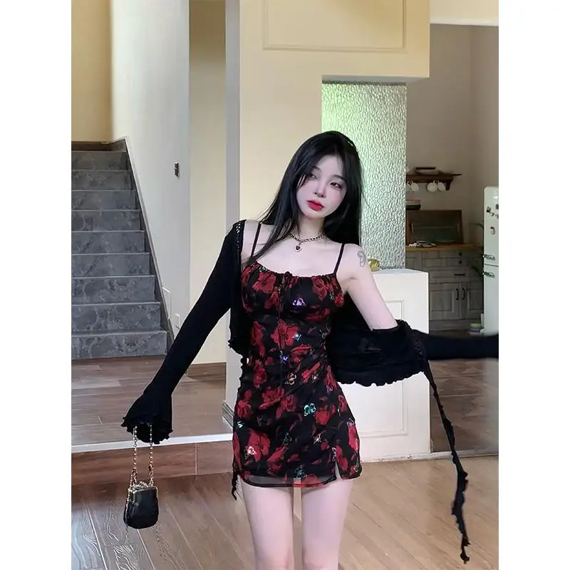 

Shpmishal Korean Fashion Spicy Girl Floral Camisole Dress for Women's Summer New Buttocks Wrapped Short Dress Female Clothing