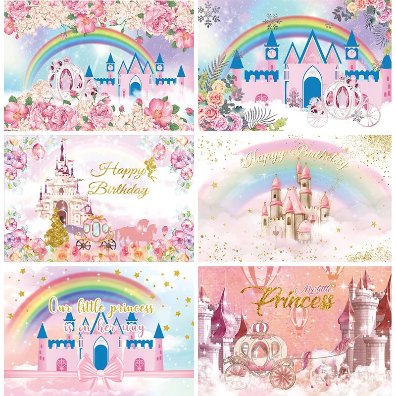 

Pink Princess Castle Decoration for Birthday Party Backdrop Girl Pumpkin Carriage Romantic Fantasy Palace Background Photography