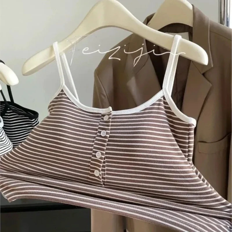 White Stripe Slim Fit Cami Top with Chest Pad
