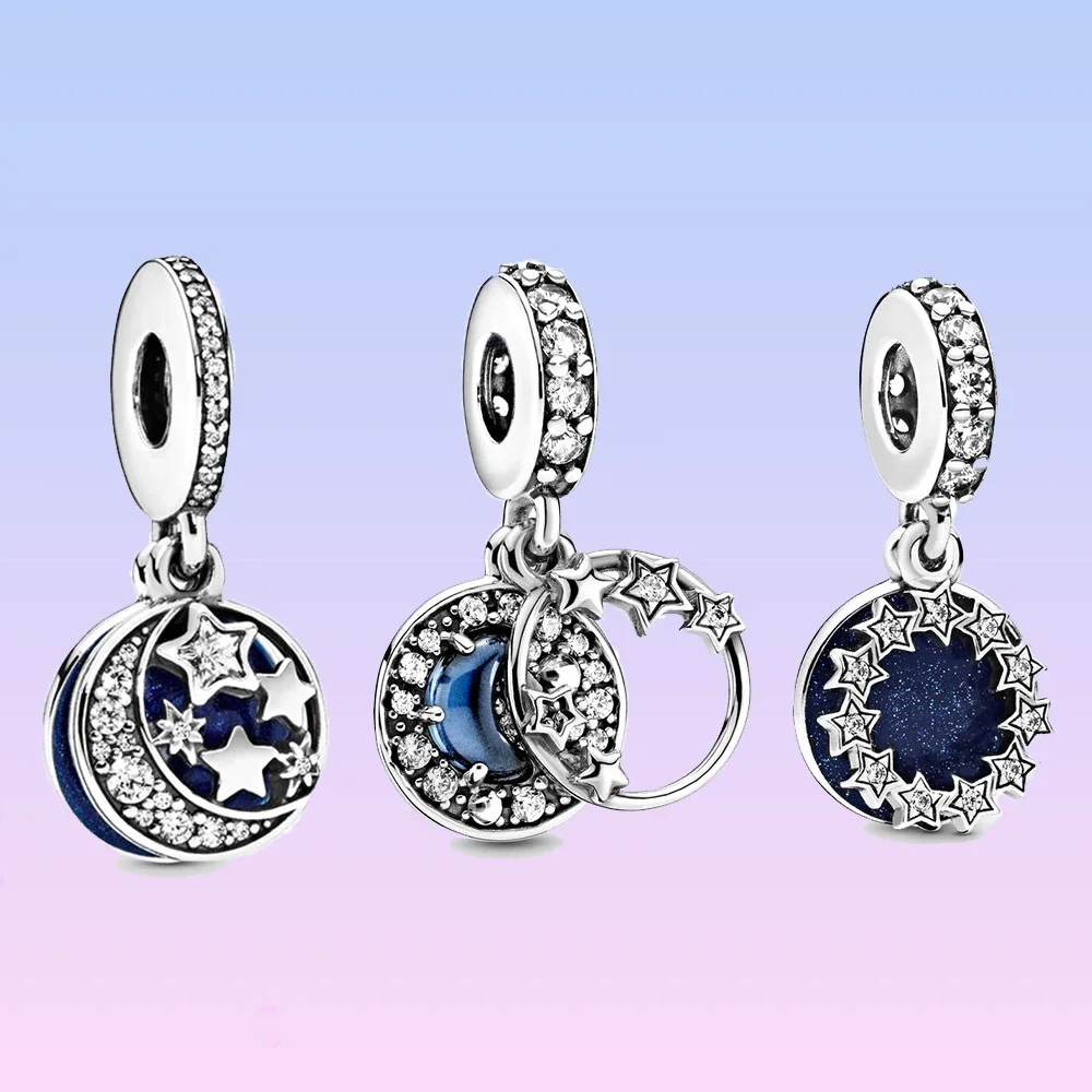 

Pandora Inspirational Stars,Blue Night Sky Crescent & Stars Charm Pendants 925 Silver fit Original Bracelet DIY for Women Gift