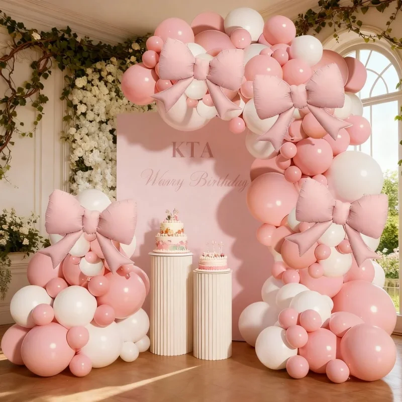 118-teiliges Set für einen Ballonbogen mit rosa und weißen Schleifen, 21 Zoll große rosa Schleifen-Folienballons in Kombination mit rosa und weißen Latexballons, ideal für Valentinstagsfeiern, Junggesellinnenabschiede, Hochzeiten und Mädchen-Geburtstagsfeiern.