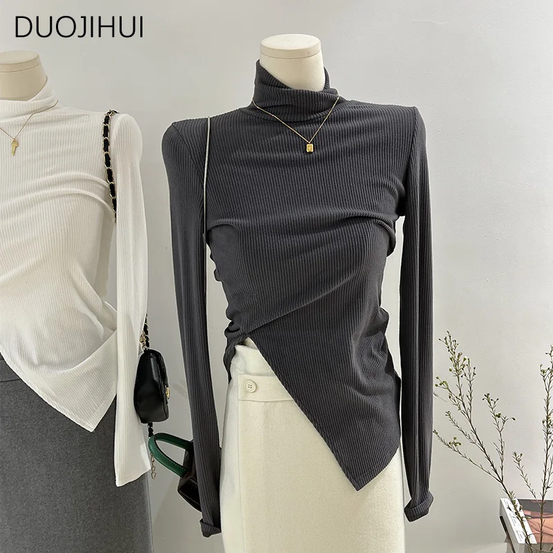 

DUOJIHUI осенние нестандартные шикарные облегающие Женские футболки с разрезом Новые Модные Простые повседневные однотонные женские футболки с длинным рукавом