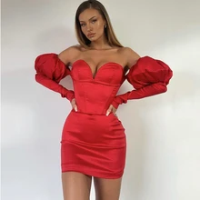 

Sexy Sweetheart Puff Sleeve Cocktail Dresses For Women Satin Pleated Short Dress Off The Shoulder Backless Mini Gowns 2022
