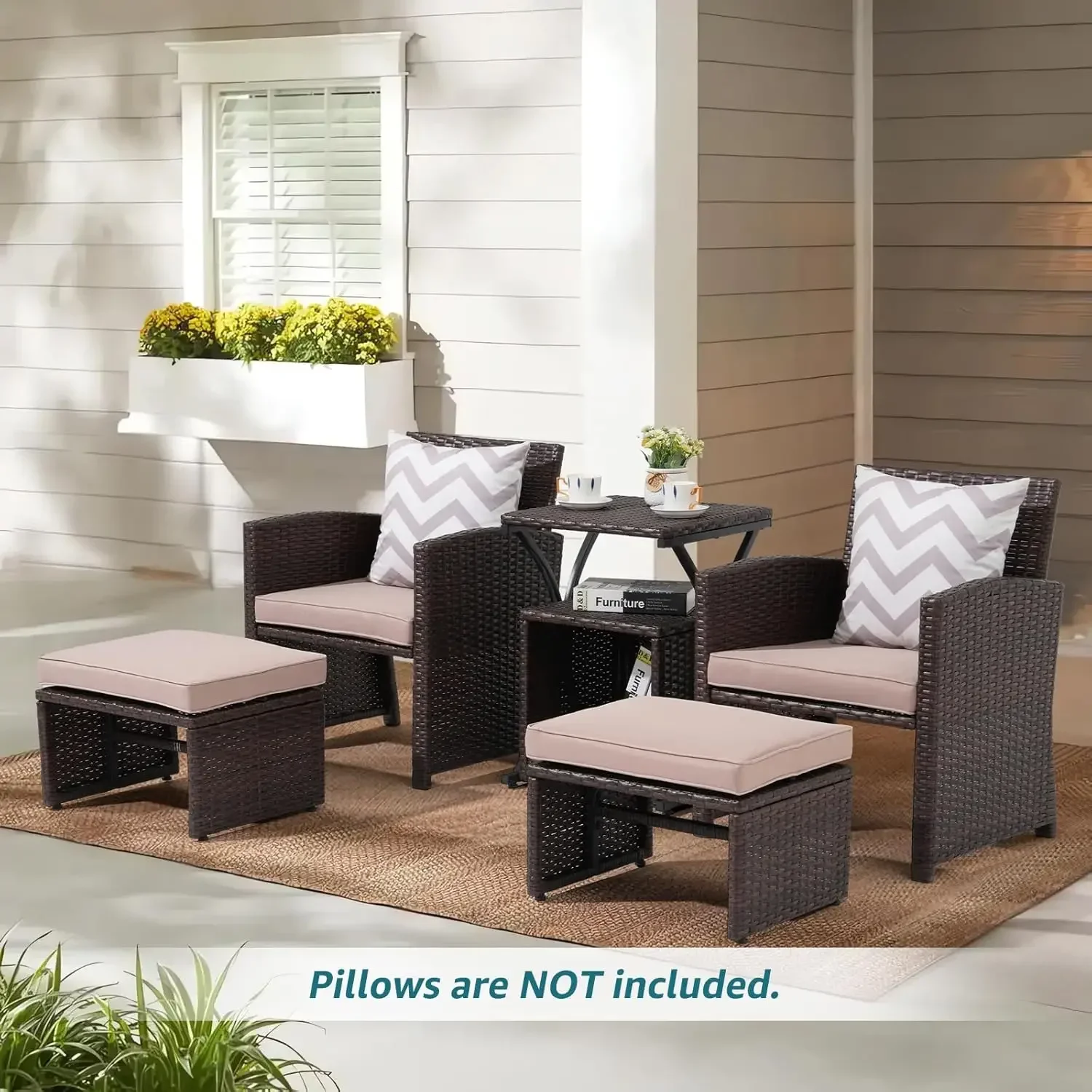 -New-6 Piece Patio Wicker Furniture Set, Balcony All Weather Rattan Chair, with Space Saving Ottoman, Resin Nesting Coffee Ta