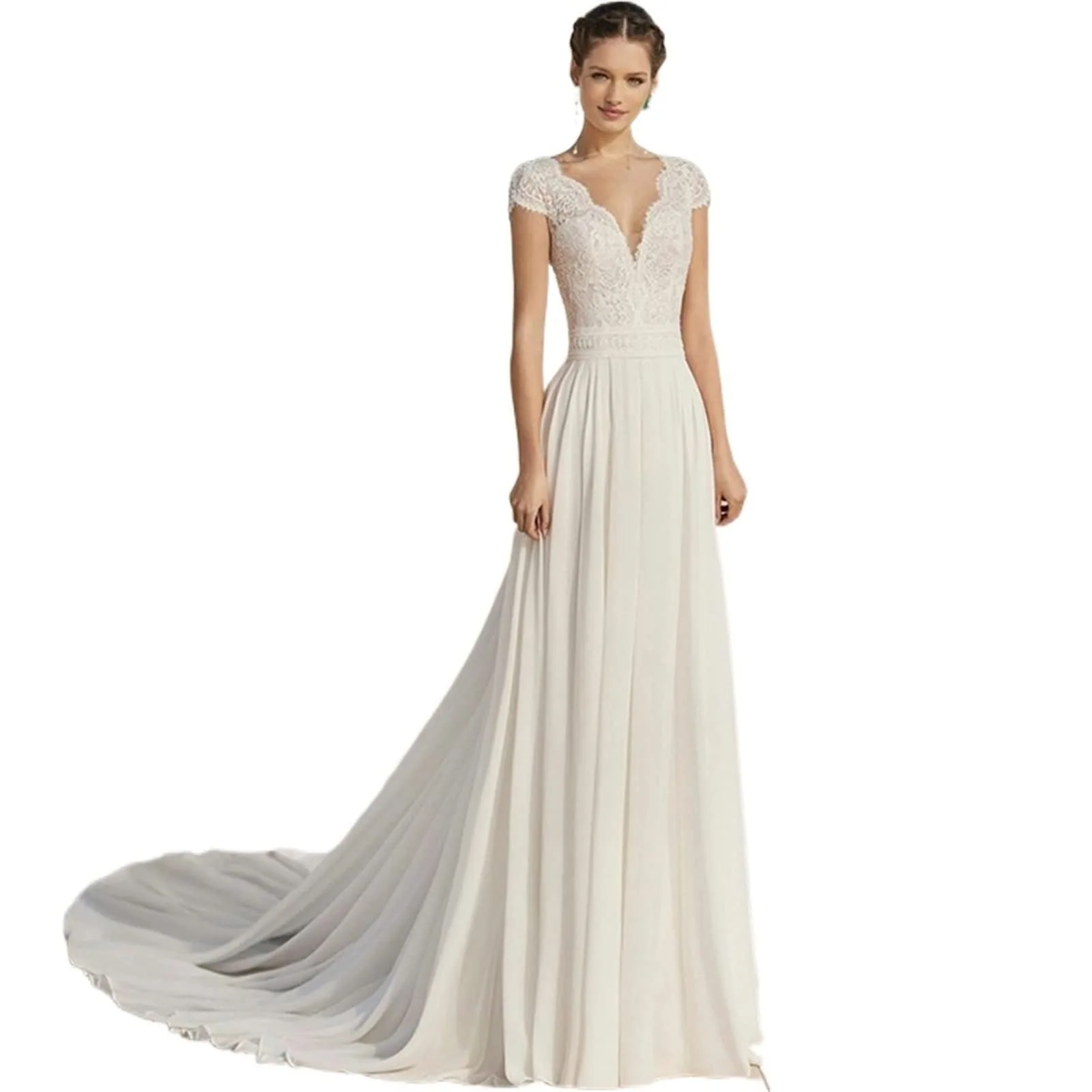 

SONDR V-Neck Elegant Custom Made Wedding Dresses Short Sleeves Lace Chiffon Floor Length Ivory Brides Gowns Women Bridal Dresses