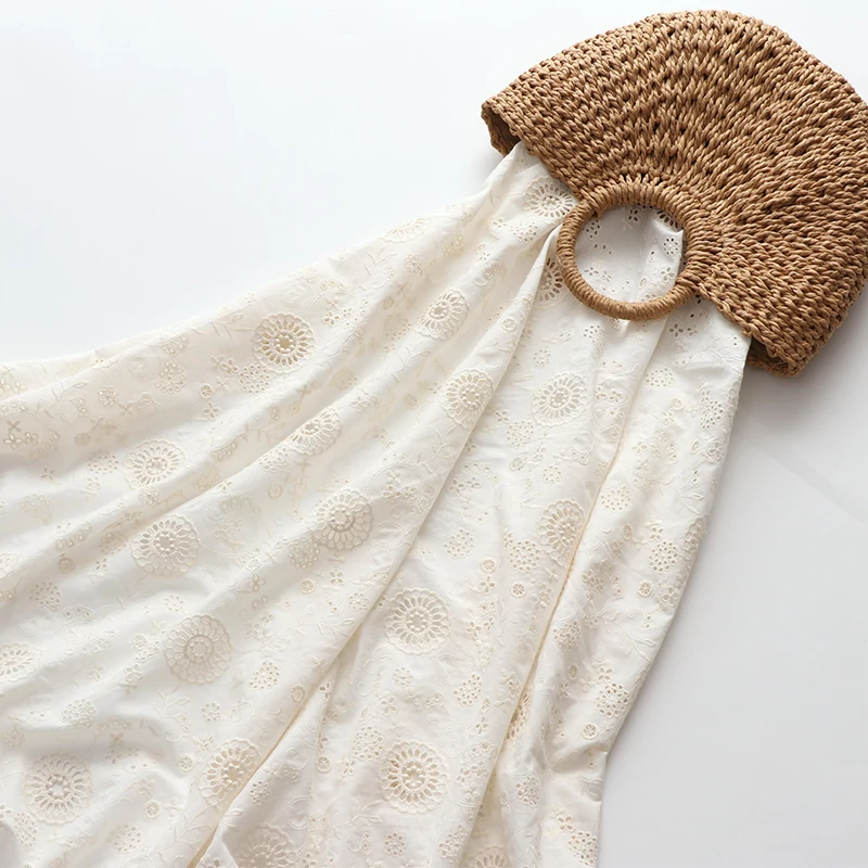 

Creamy-White Cotton Hollow Out Embroidered Fabric Floral Summer Light Women's Dress Coat Handmade Fabric Diy