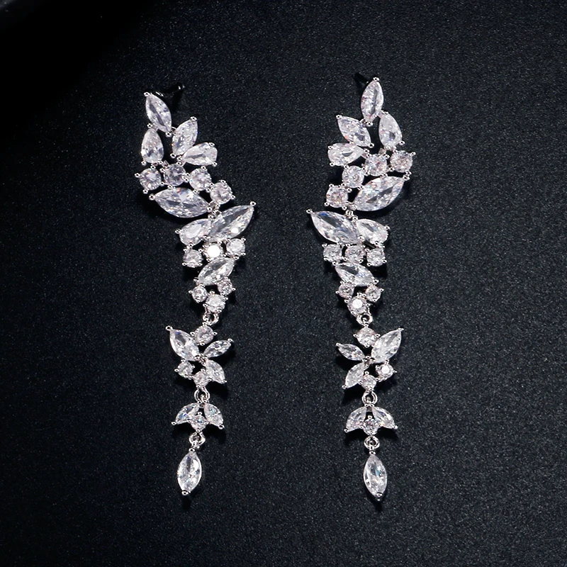Dangle Earrings ZAKOL Exquisite White Gold Color Leaf Long Dangle Earrings For Women Fashion Cubic Zironia Bridal Earring Wedding Jewelry
