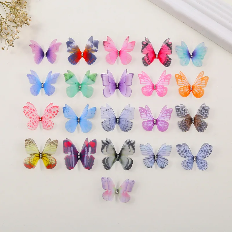 4.5cm 100pcs Double Layered Dimensional Gauze Mesh Butterfly Dreamy DIY Bride Hair Accessories Headwear Materia Nail Decoration jewelry making supplies craft supplies